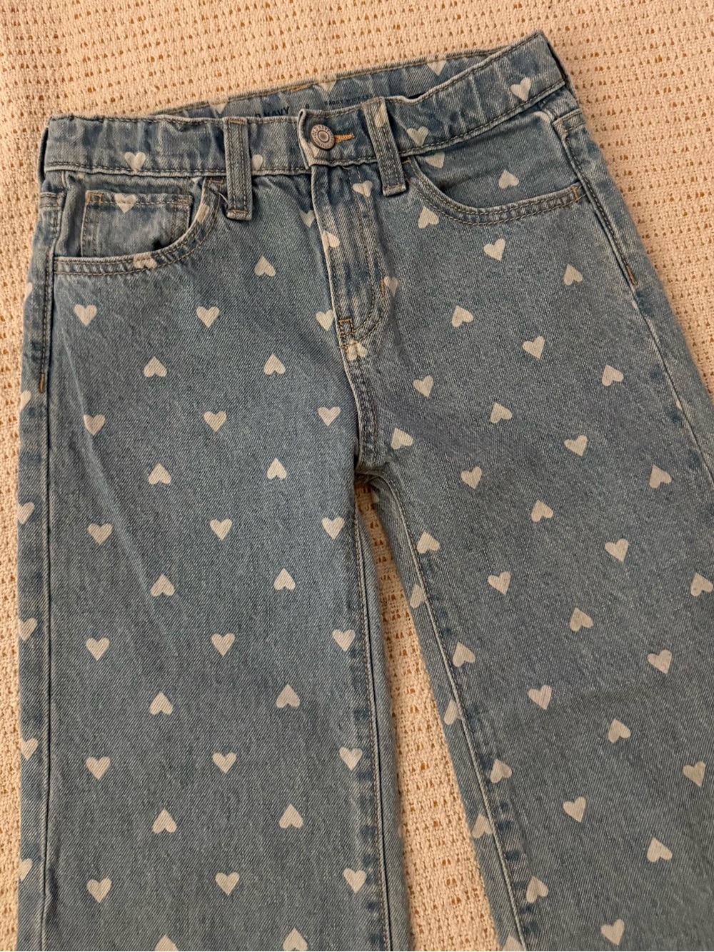 Old Navy Light Blue Baggy Wide Leg Jeans with White Heart Print adjustable waist